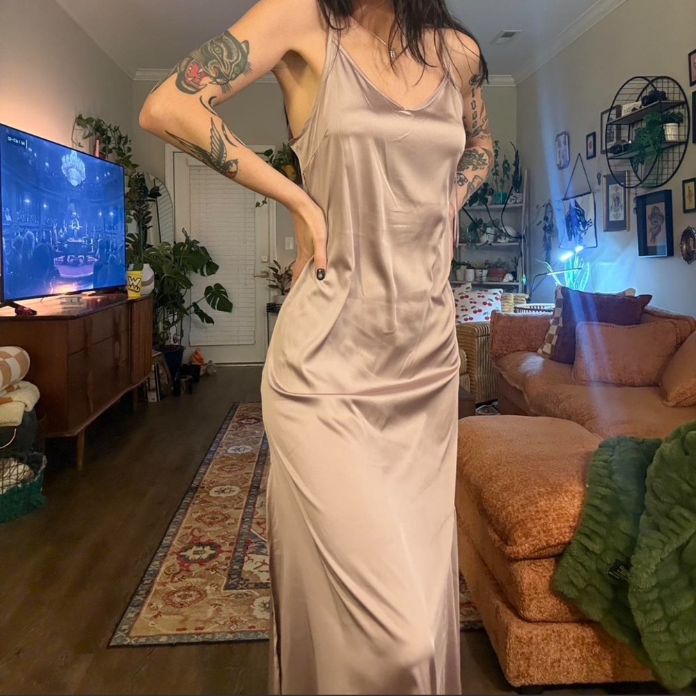 Elegant Satin Slip Lavender Maxi Dress w slit - Picture 4 of 5